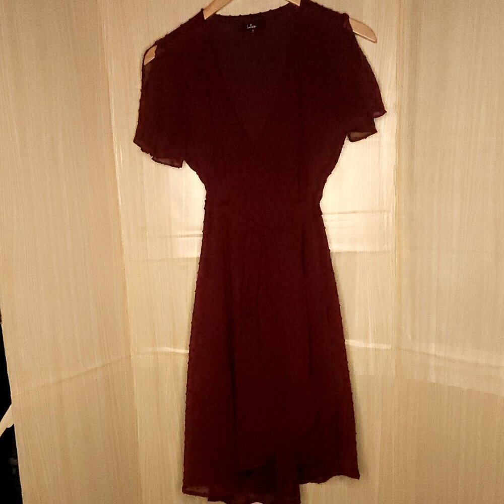 Lulus Red Maroon Womens Swiss Dot Short Sleeve Wrap Midi Dress Medium